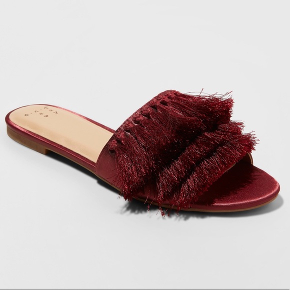 a new day Shoes - A New Day Sandals Burgundy Benetta Fringe Satin
